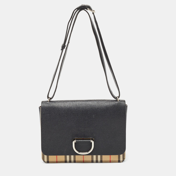 Burberry Handbags - BURBERRY Black/Beige House Check Fabric and Leather D Ring Shoulder Bag